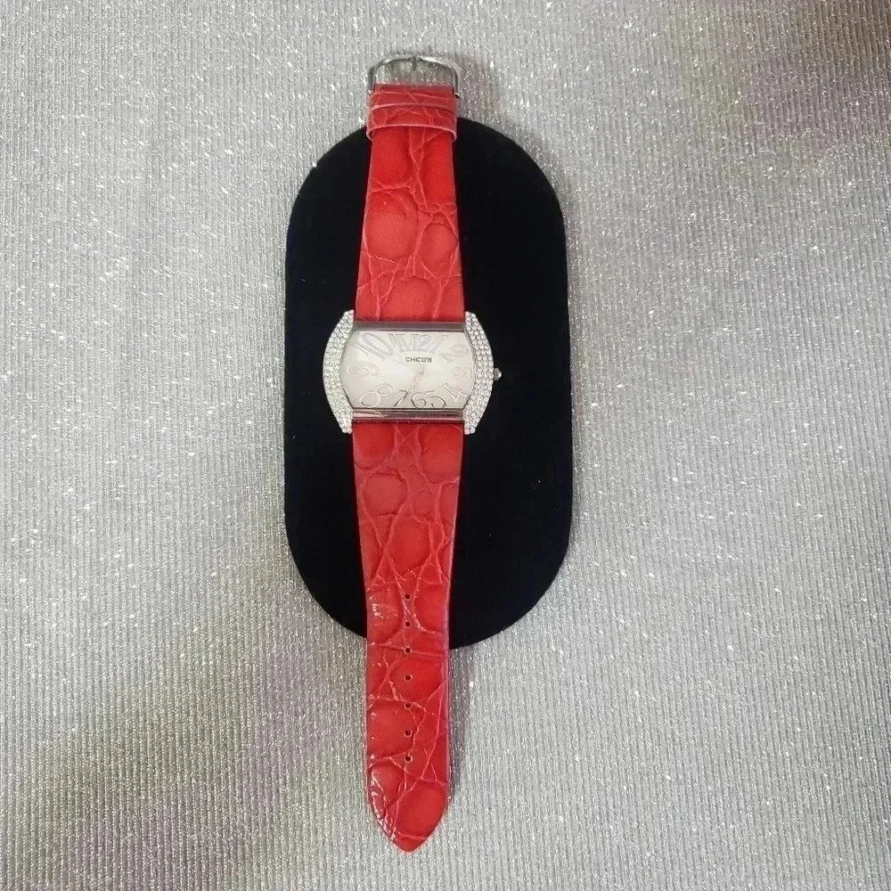 Chico's Red Leather Rhinestone Embellished Watch